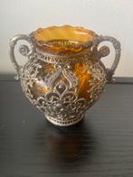 Art deco amberglas vaasje met tin bewerkt, Antiek en Kunst, Ophalen of Verzenden