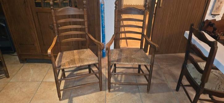 Antieke Houten Fauteuils met Biezen Zitting - Set van 2, Huis en Inrichting, Fauteuils, Gebruikt, Hout, 50 tot 75 cm, Minder dan 75 cm