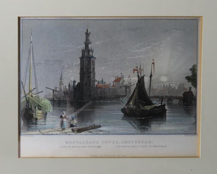 Ets in lijst, Montalbans Tower Amsterdam, door W.H. Barlett, Antiek en Kunst, Kunst | Etsen en Gravures, Verzenden