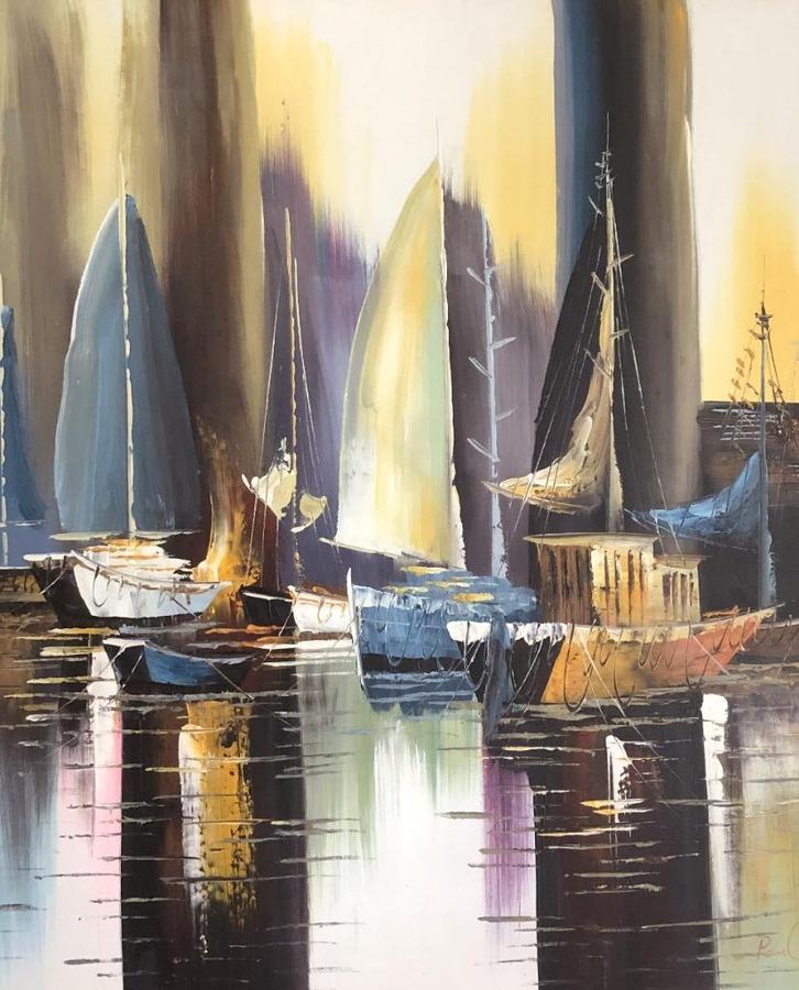 Sfeervol schilderij met zeilboten in de haven, Antiek en Kunst, Kunst | Schilderijen | Modern, Ophalen of Verzenden