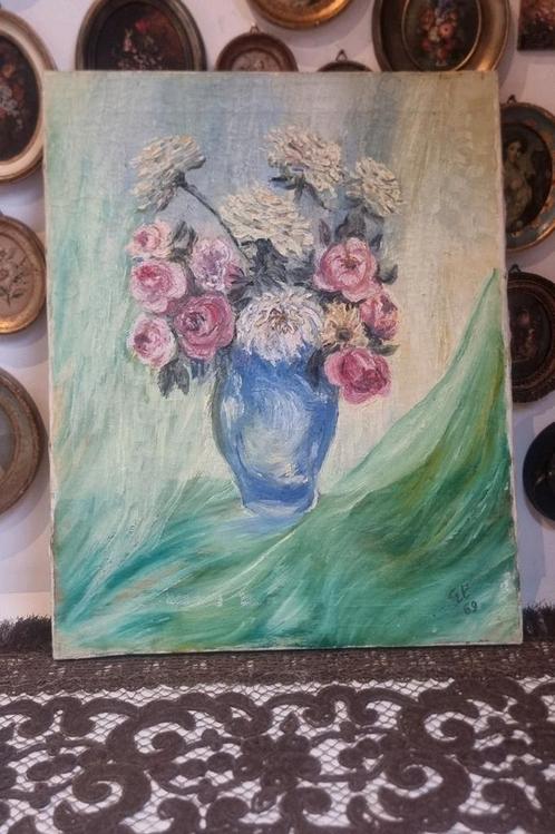 Oud olieverf olieverfschilderij schilderij met bloemen, Antiek en Kunst, Curiosa en Brocante, Ophalen of Verzenden