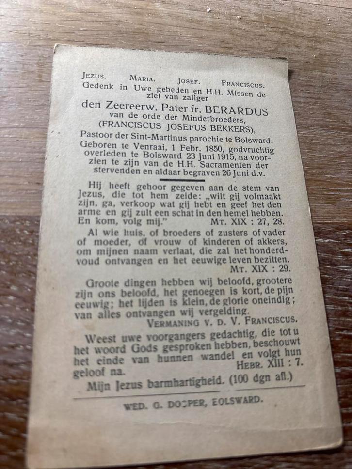 Bekkers fr Berardus 1850 Venray 1915 Bolsward -Turgis 616, Verzamelen, Bidprentjes en Rouwkaarten, Bidprentje, Verzenden