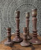 Oude houten kandelaars bewerkt India oosters sober sleets, Ophalen of Verzenden