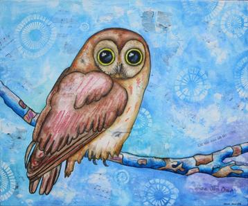 Schilderij van een Uil met mixed media beschikbaar voor biedingen