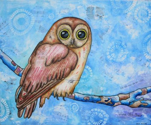 Schilderij van een Uil met mixed media, Antiek en Kunst, Kunst | Schilderijen | Modern, Ophalen of Verzenden