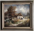 Landschap, rivier, bootje, boerderij met stro dak 102x92cm, Ophalen