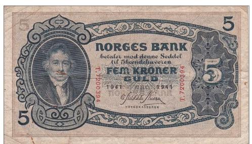 Noorwegen, 5 Kronen, 1941, Postzegels en Munten, Bankbiljetten | Europa | Niet-Eurobiljetten, Los biljet, Overige landen, Ophalen of Verzenden