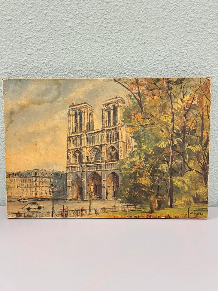 Print Notre Dame Kathedraal Parijs Kerk Frankrijk op Hout vt, Verzamelen, Foto's en Prenten, Gebruikt, Gebouw, Ophalen of Verzenden