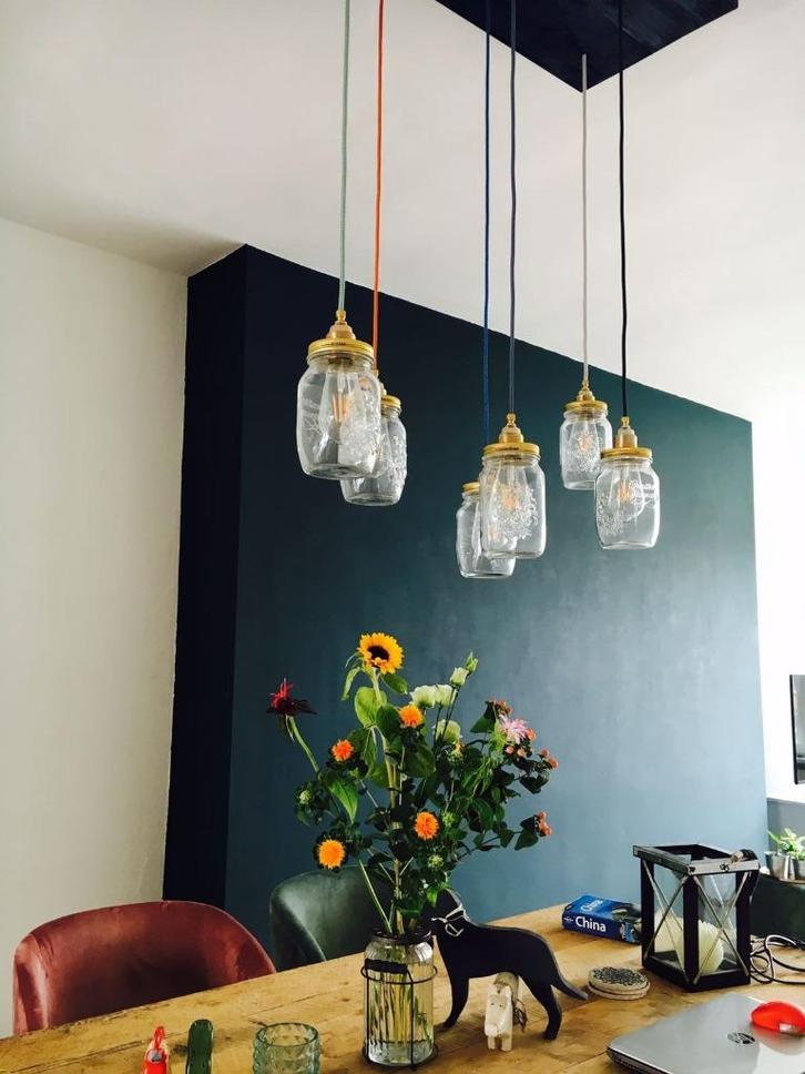 6x Hanglampen Mason Jars - Gekleurde Snoeren, Huis en Inrichting, Lampen | Hanglampen, Gebruikt, Minder dan 50 cm, Glas, Metaal