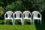 Vier witte kunststof tuinstoelen, stapelbaar, Ophalen, Gebruikt, Kunststof, Stapelbaar