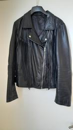 Zwart bikerjack met franje, echt leer, maat M, Maat 38/40 (M), Sample, Zwart, Ophalen of Verzenden