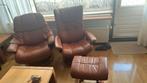 2 Bruin leren stoelen en 2 voetenbankjes Stressless, Ophalen, Gebruikt, Minder dan 75 cm, Leer