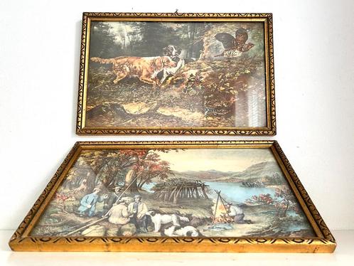 Twee antieke prenten Jacht schilderij, Huis en Inrichting, Woonaccessoires | Schilderijen, Tekeningen en Foto's, Schilderij, Minder dan 50 cm