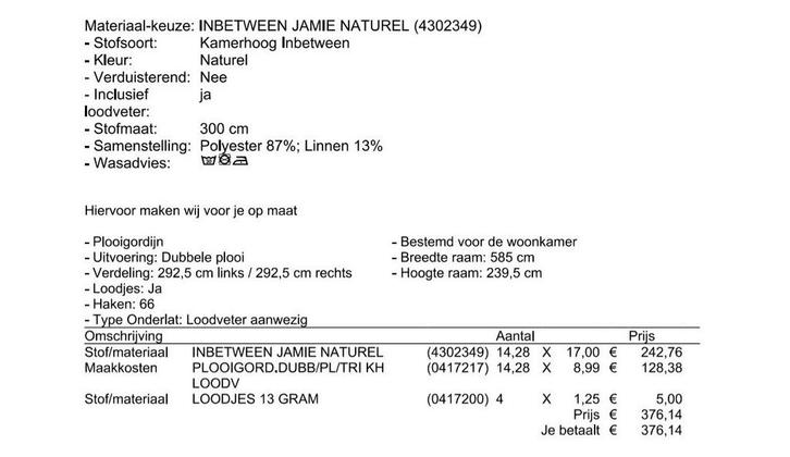 Inbetween gordijnen, type Jamie, kleur naturel, Huis en Inrichting, Stoffering | Gordijnen en Lamellen, Zo goed als nieuw, 200 cm of meer
