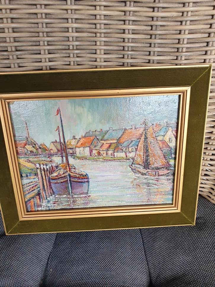 Olieverfschilderij Haven met Zeilboten, Antiek en Kunst, Kunst | Schilderijen | Klassiek, Ophalen of Verzenden