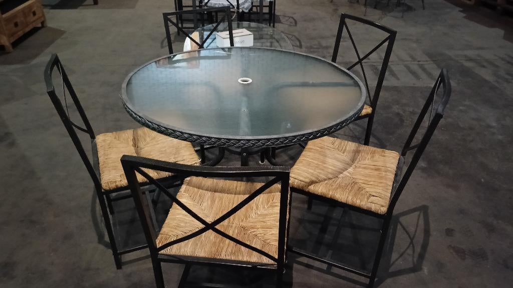Tuinset 6-delig: glazen tafel Ø104 + 5 stoelen, Tuin en Terras, Tuinsets en Loungesets, Ophalen, Gebruikt, Bijzettafel, Loungeset