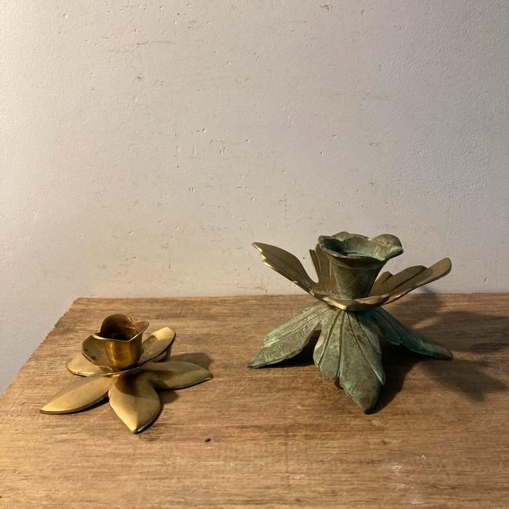 Vintage Koperen Kandelaars - Bloem lotus, Indisch, Antiek en Kunst, Curiosa en Brocante, Ophalen of Verzenden