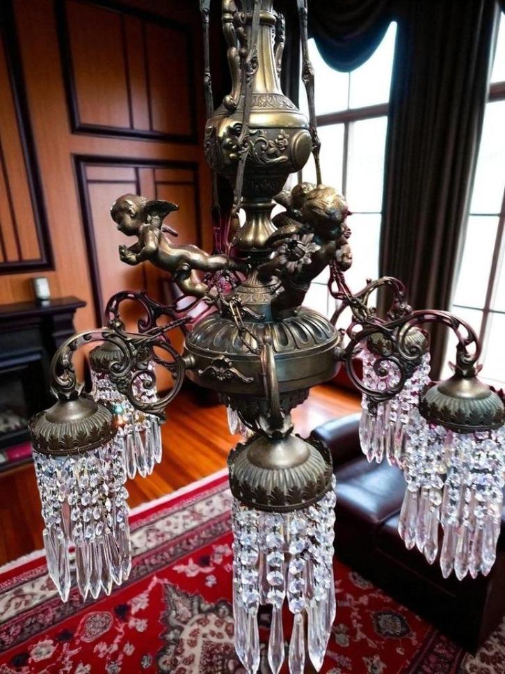 Groot en zwaar - Franse antiek kristallen kroonluchter brons, Huis en Inrichting, Lampen | Kroonluchters, Gebruikt, Overige materialen