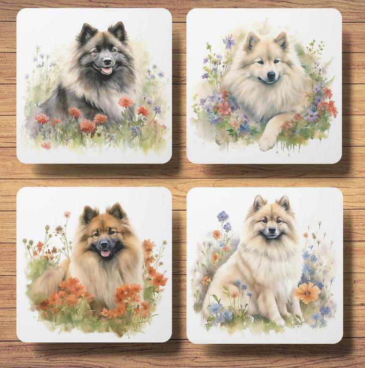 Keeshond Aquarel onderzetters met houder, Huis en Inrichting, Woonaccessoires | Onderzetters, Nieuw, Glas of Kopje, Ophalen of Verzenden