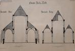 Bouwtekening nieuwe kerk Delft Doorsneden 52x35 cm print, Ophalen of Verzenden, Gebruikt