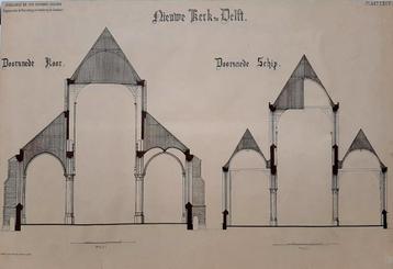 Bouwtekening nieuwe kerk Delft Doorsneden 52x35 cm print beschikbaar voor biedingen