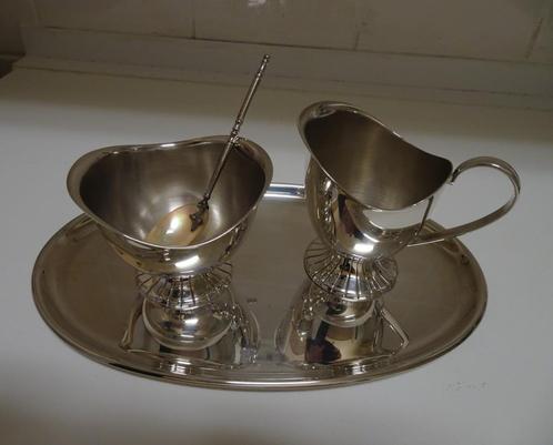 Verzilverd roomstelletje DE incl parelmoer lepeltje, Antiek en Kunst, Antiek | Goud en Zilver, Ophalen