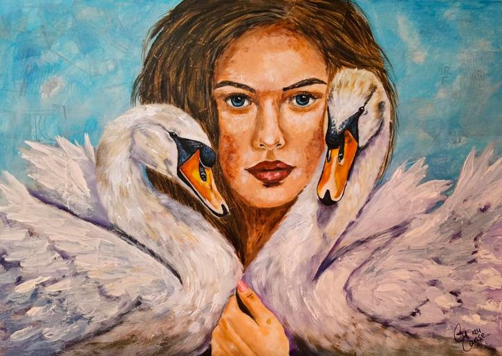 Schilderij vrouw met Zwanen, Antiek en Kunst, Kunst | Schilderijen | Modern, Ophalen of Verzenden