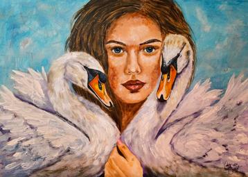 Schilderij vrouw met Zwanen  beschikbaar voor biedingen