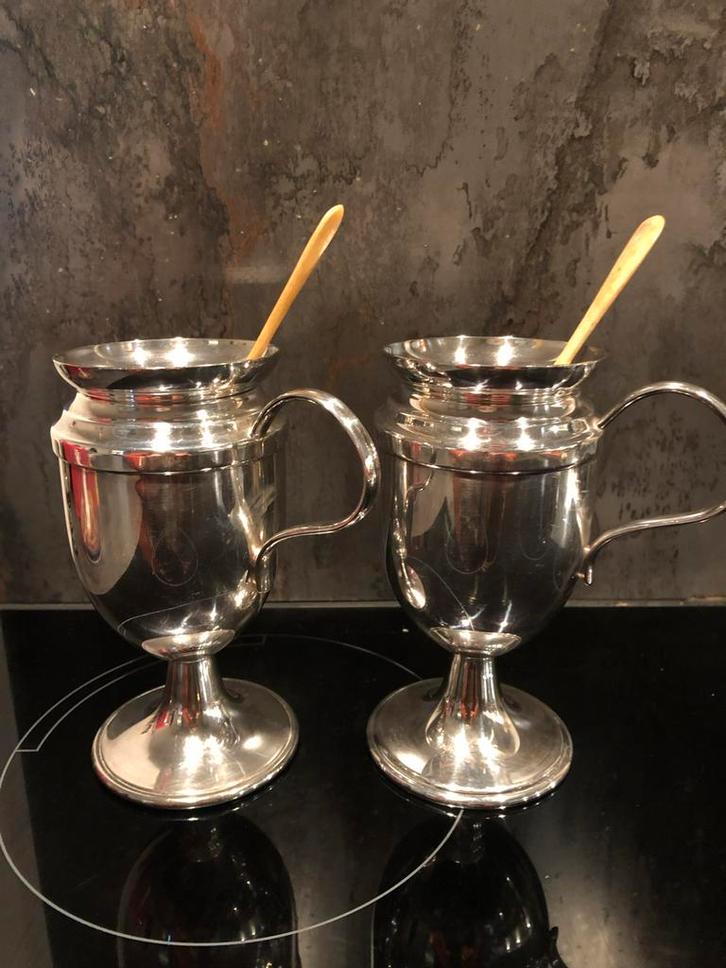 2 Verzilverde Kaviaarbekers met Lepeltjes, Antiek en Kunst, Antiek | Goud en Zilver, Zilver, Ophalen of Verzenden