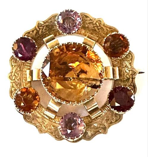 9 Krt gouden Schotse broche met edelstenen, Sieraden, Tassen en Uiterlijk, Antieke sieraden, Broche, Goud, Met edelsteen, Ophalen of Verzenden