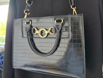 Zwart leren tas met krokodillenprint en goudkleurige beschikbaar voor biedingen