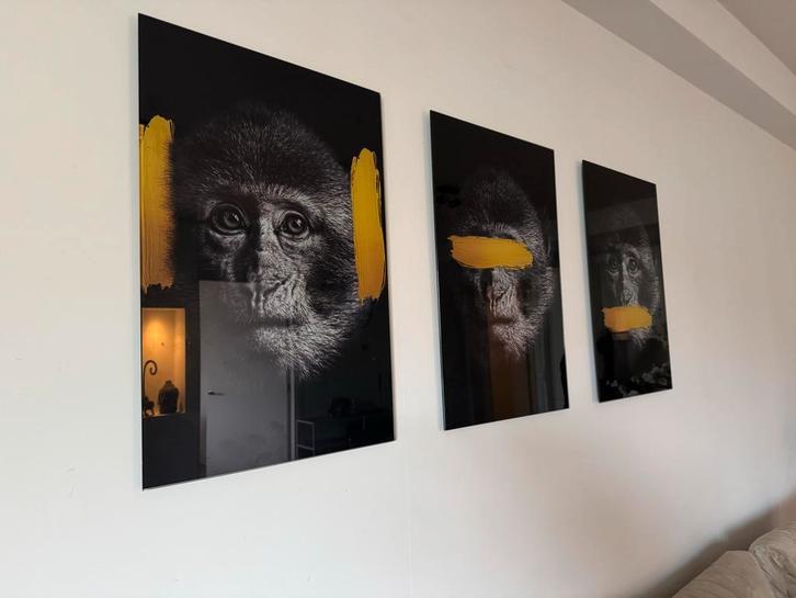 Horen, Zien, Zwijgen Apen - Set van 3, Huis en Inrichting, Woonaccessoires | Schilderijen, Tekeningen en Foto's, Zo goed als nieuw