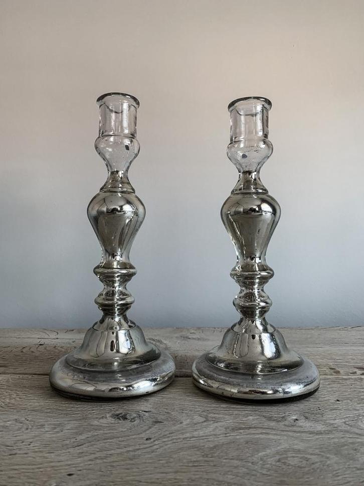 Koppel antieke Franse armeluis zilverglas kandelaars *HIT*, Antiek en Kunst, Antiek | Kandelaars, Glas, Ophalen of Verzenden