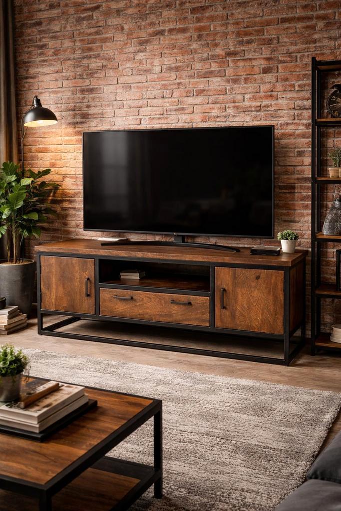 Industrieel TV meubel - Massief hout & metaal, Huis en Inrichting, Kasten | Televisiemeubels, Zo goed als nieuw, Minder dan 100 cm