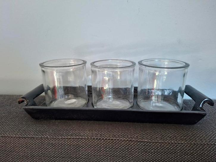 Kandelaar met 3 glazen potjes, Huis en Inrichting, Woonaccessoires | Kandelaars en Kaarsen, Zo goed als nieuw, Kandelaar, Minder dan 25 cm