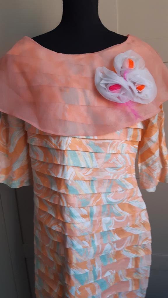 Pastel Theater Jurk met Plooien, Kleding | Dames, Jurken, Zo goed als nieuw, Maat 42/44 (L), Onder de knie, Ophalen of Verzenden