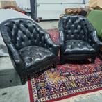 2 Chesterfield Ralph Lauren stijl fauteuils zwart + BEZORGD, Ophalen of Verzenden, Gebruikt, Leer, Chesterfield