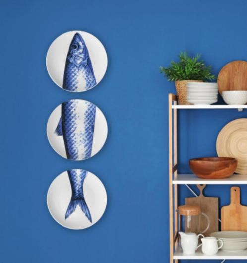 Nieuw, Heinen Delfts Blauw, Borden met Vis (3 stuks), Huis en Inrichting, Woonaccessoires | Wanddecoraties, Nieuw, Ophalen of Verzenden