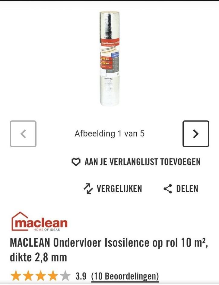 60m2 MACCLEAN Ondervloer Isosilence op rol 10 m2 dikte 2,8mm, Doe-het-zelf en Verbouw, Vloerdelen en Plavuizen, Nieuw, Overige typen