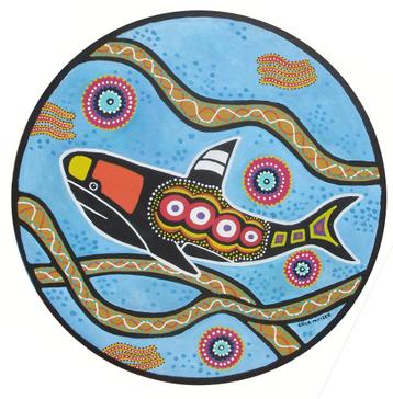 Schilderij op een houten cirkel van een kleurrijke haai beschikbaar voor biedingen