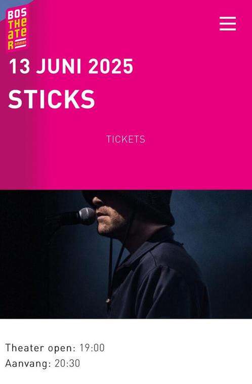 3 kaarten voor Bostheater Ommen: Sticks vrijdag 13 juni 2025, Tickets en Kaartjes, Concerten | Pop, Drie personen of meer, Juni