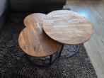 Set van 3 Salontafels - mangohout & metaal, Ophalen, Rond, 55 tot 75 cm, Zo goed als nieuw