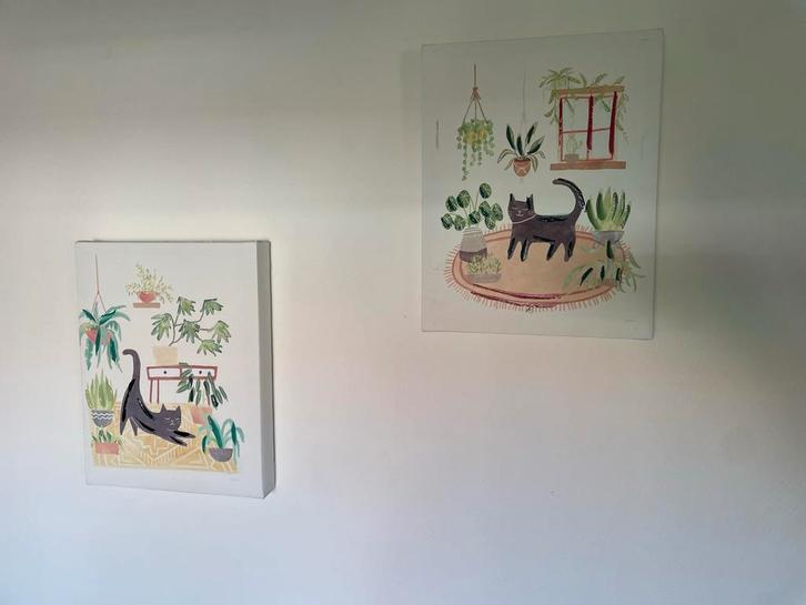 Twee Wandframes: Kat en Planten, Antiek en Kunst, Kunst | Schilderijen | Klassiek, Ophalen