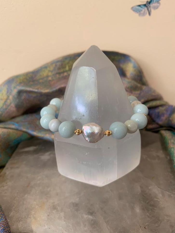 Aquamarijn parel beschermt intuïtie geluk harmonie engelen, Sieraden, Tassen en Uiterlijk, Armbanden, Nieuw, Blauw, Met edelsteen