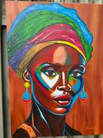 Schilderij in acrylverf, afrikaanse vrouw in kleur, Ophalen of Verzenden