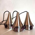 3x Vintage Hanglamp Jaren '60 Metaal Glas, Gebruikt, 50 tot 75 cm, Mid Century Modern Design, Ophalen of Verzenden