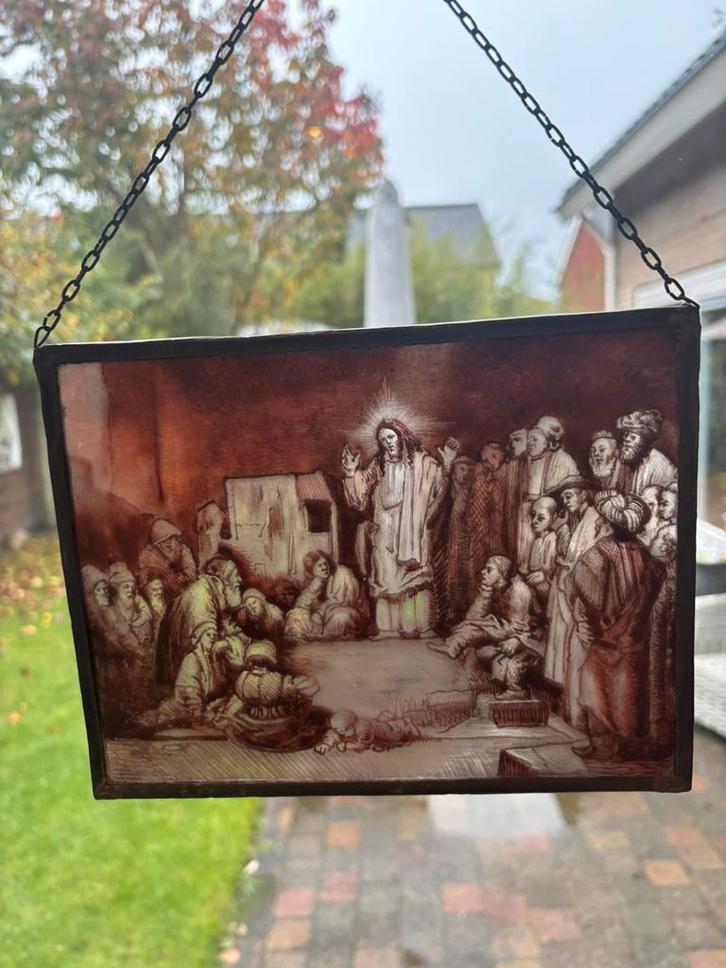 Glas in loodpaneel - christus die predikt., Antiek en Kunst, Kunst | Schilderijen | Klassiek, Ophalen of Verzenden