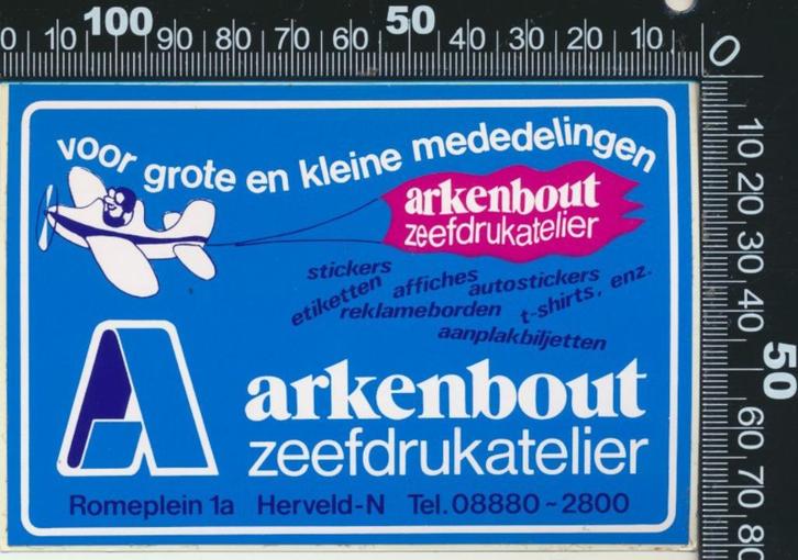Sticker: Arkenhout Zeefdrukatelier - Herveld, Verzamelen, Stickers, Zo goed als nieuw, Bedrijf of Vereniging, Ophalen of Verzenden
