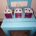 3 lantaarntjes voor waxinelichtje in roze glas in lood style, Ophalen, Overige materialen, Gebruikt, Kandelaar
