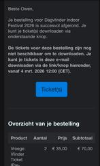 2 tickets Dagvlinder Indoor Festival, Tickets en Kaartjes, Evenementen en Festivals, Twee personen